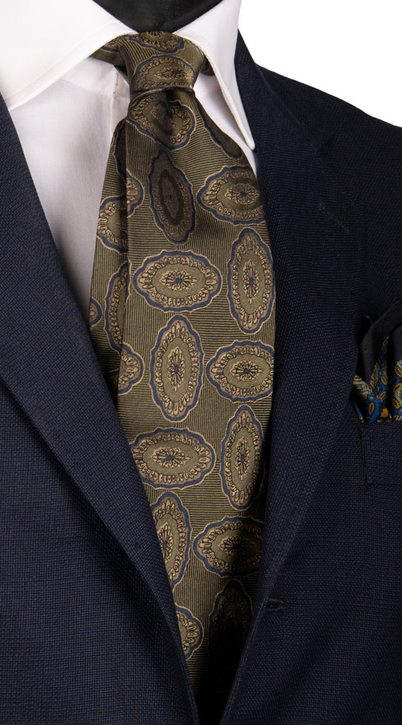 Cravatta Vintage di Seta Verde Fantasia Blu Verde Made in Italy Graffeo Cravatte