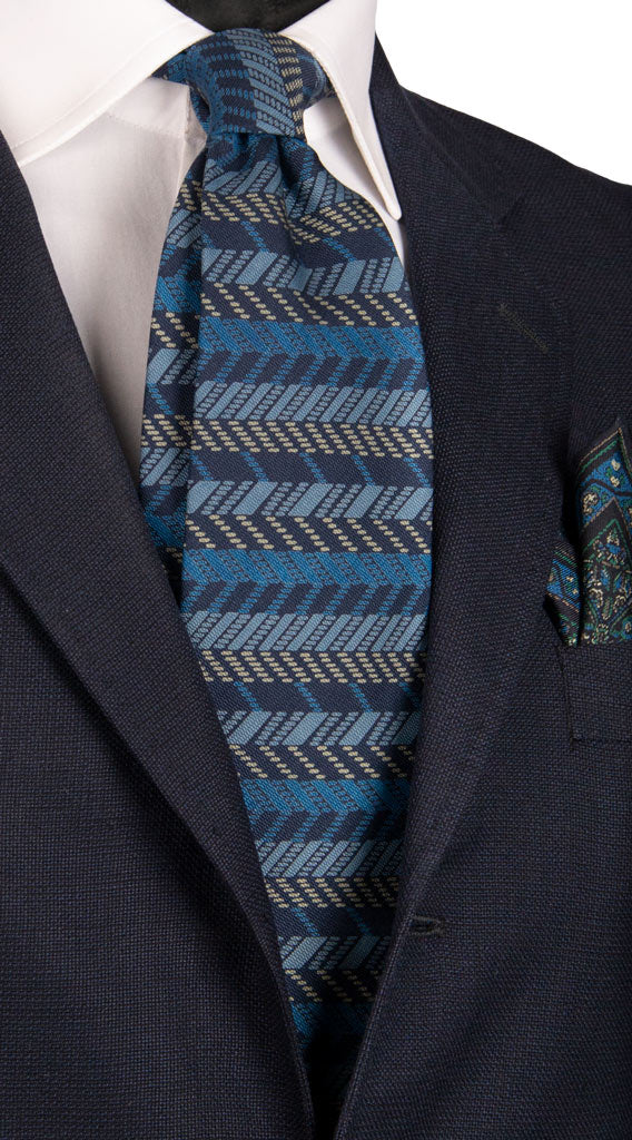 Cravatta Vintage di Seta Jacquard Blu Fantasia Azzurro Grigio Bluette Made in Italy Graffeo Cravatte