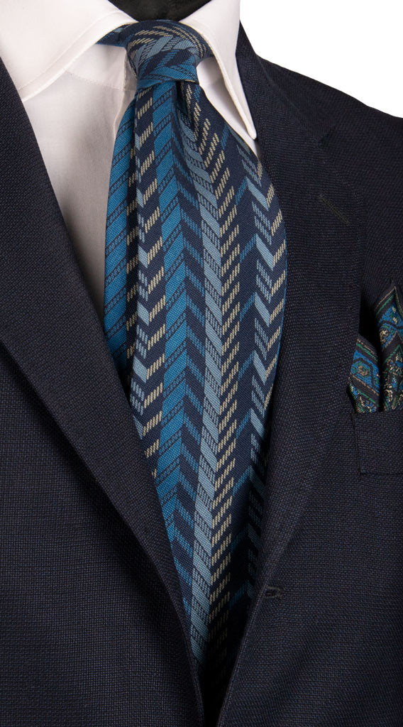 Cravatta Vintage di Seta Jacquard Blu Fantasia Multicolor Made in Italy Graffeo Cravatte