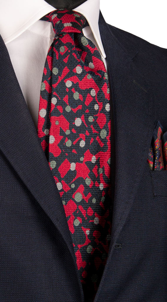 Cravatta Vintage di Seta Jacquard Blu Fantasia Rosso Grigio Made in Italy Graffeo Cravatte