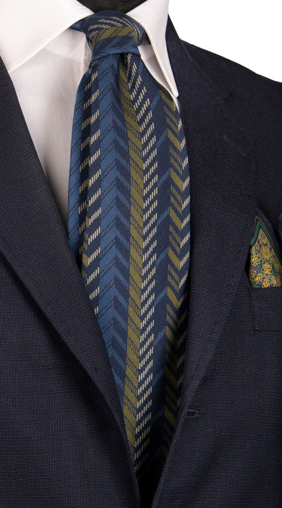 Cravatta Vintage di Seta Jacquard Blu Fantasia Verde Beige Made in Italy Graffeo Cravatte