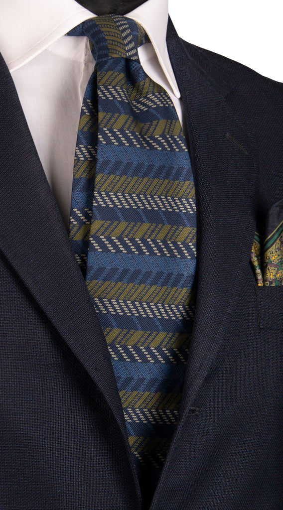 Cravatta Vintage di Seta Jacquard Blu Fantasia Verde Oliva Bluette Made in Italy Graffeo Cravatte