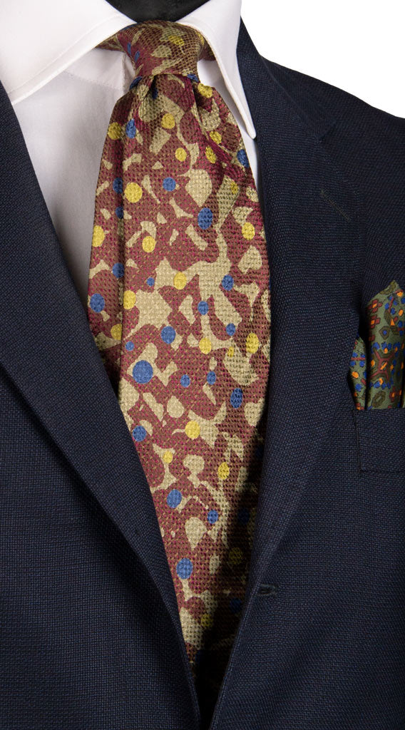 Cravatta Vintage di Seta Jacquard Rossa Fantasia Color Corda Bluette Giallo Made in italy Graffeo Cravatte