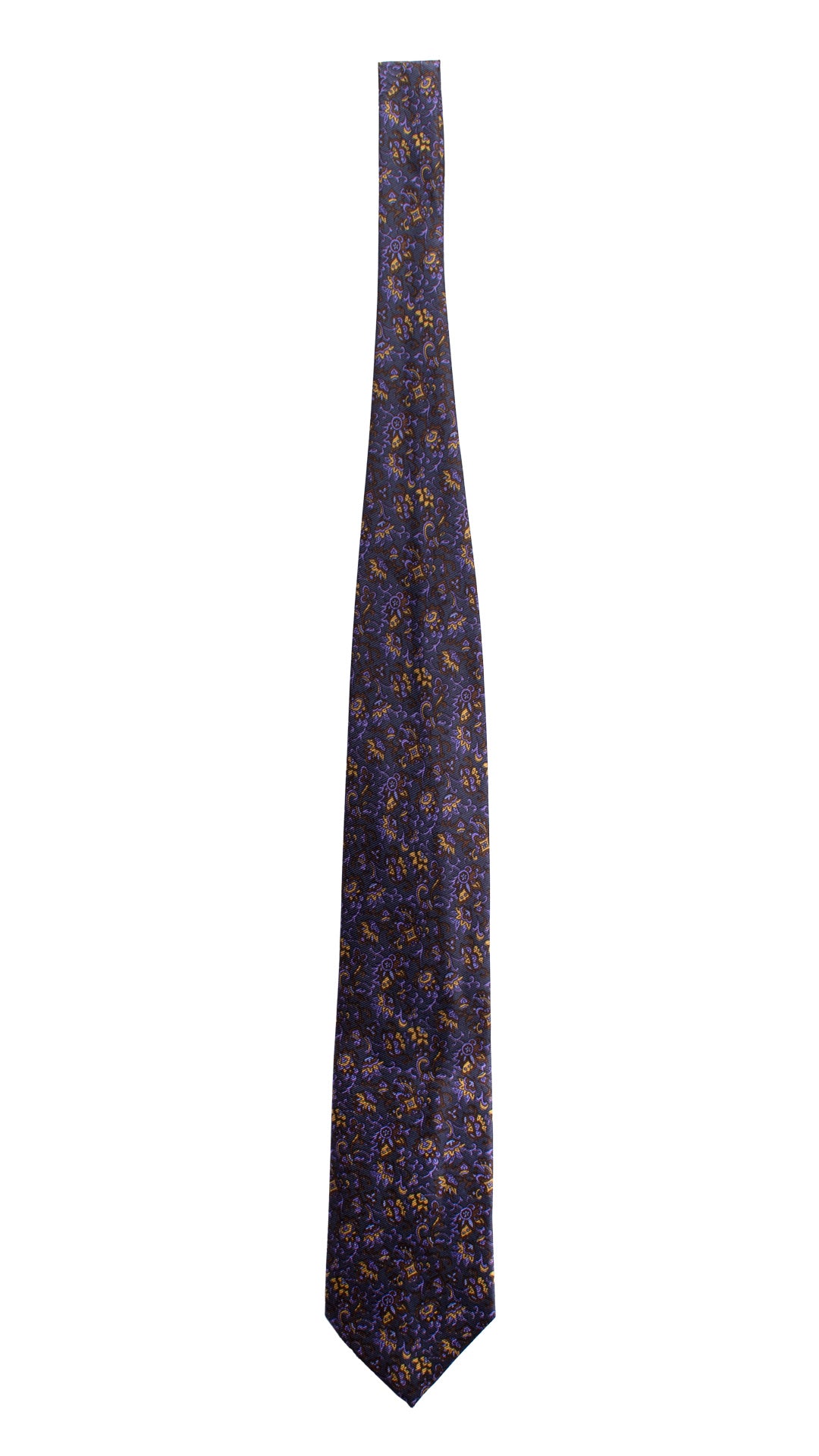 Cravatta Vintage in Saia di Seta Blu A Fiori Marrone Lilla Giallo Oro CV833 Intera