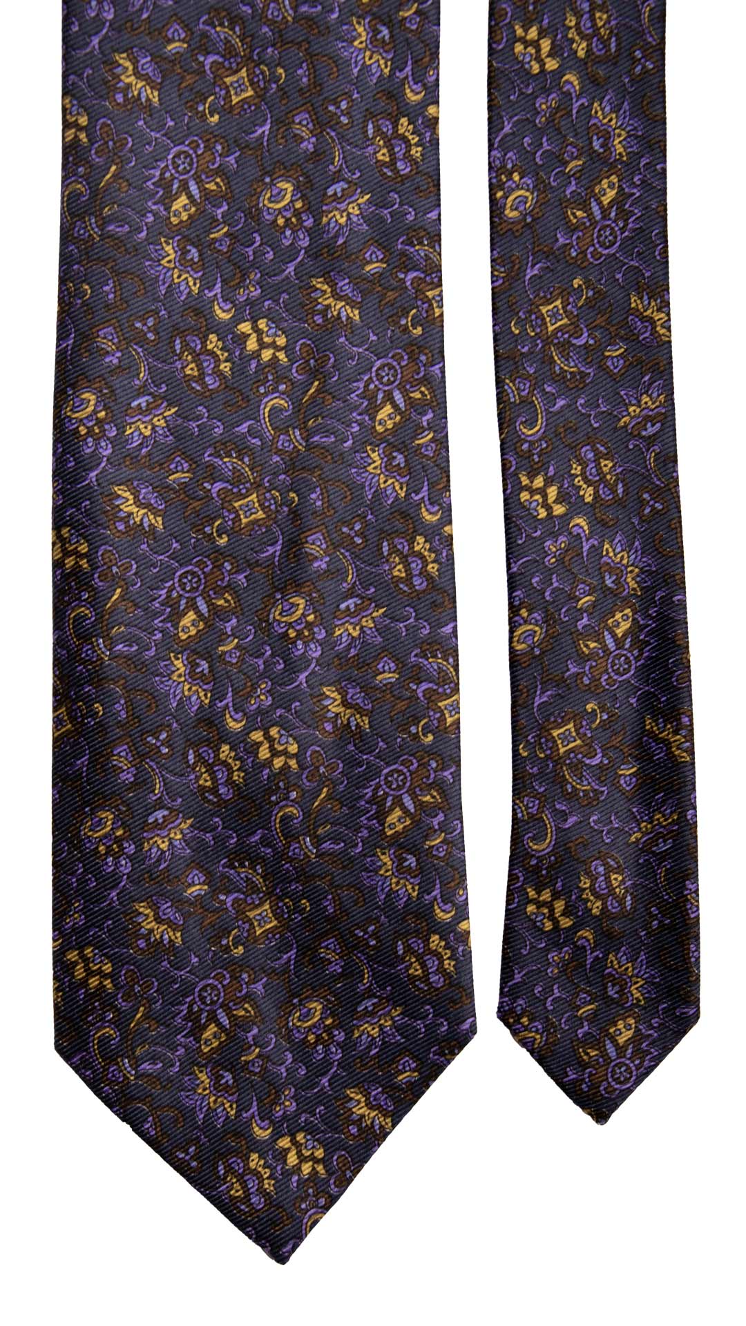 Cravatta Vintage in Saia di Seta Blu A Fiori Marrone Lilla Giallo Oro CV833 Pala