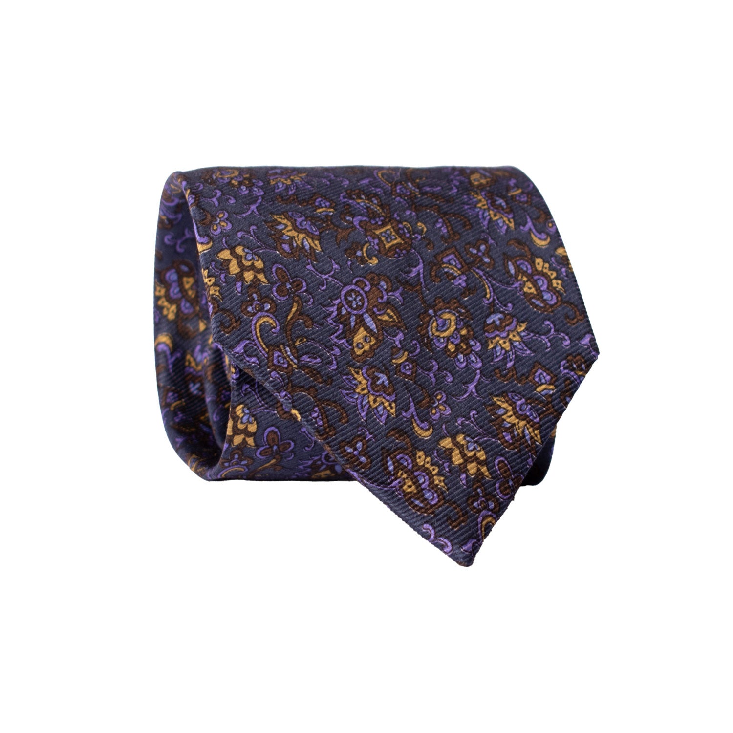 Cravatta Vintage in Saia di Seta Blu A Fiori Marrone Lilla Giallo Oro CV833 Rotolo
