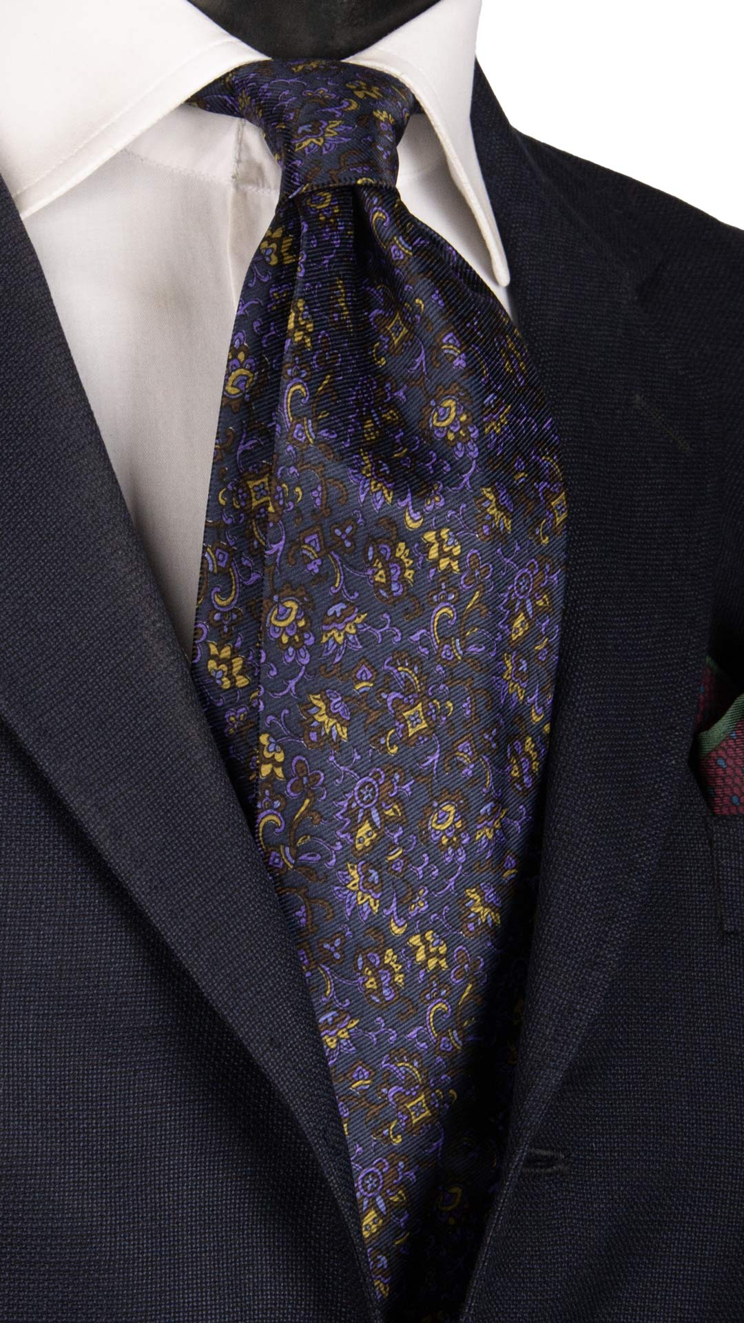Cravatta Vintage in Saia di Seta Blu A Fiori Marrone Lilla Giallo Oro CV833 Made in Italy Graffeo Cravatte