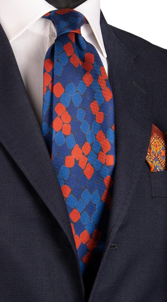 Cravatta Vintage in Saia di Seta Blu Fantasia Blu Ruggine Made in Italy Graffeo Cravatte