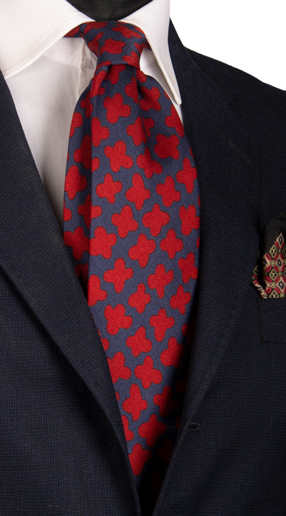 Cravatta Vintage in Saia di Seta Blu Fantasia Rossa Made in Italy Graffeo Cravatte