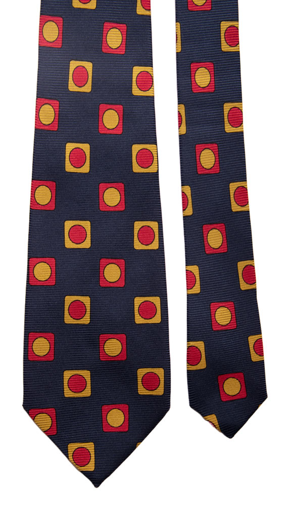 Cravatta Vintage in Saia di Seta Blu Fantasia Rosso Fragola Giallo Oro Made in Italy Graffeo Cravatte Pala