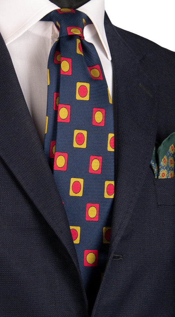 Cravatta Vintage in Saia di Seta Blu Fantasia Rosso Fragola Giallo Oro Made in Italy Graffeo Cravatte