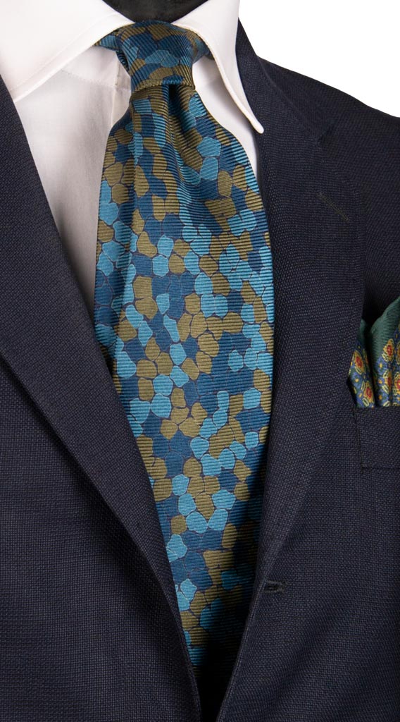 Cravatta Vintage in Saia di Seta Blu Fantasia Verde Celeste Made in Italy Graffeo Cravatte