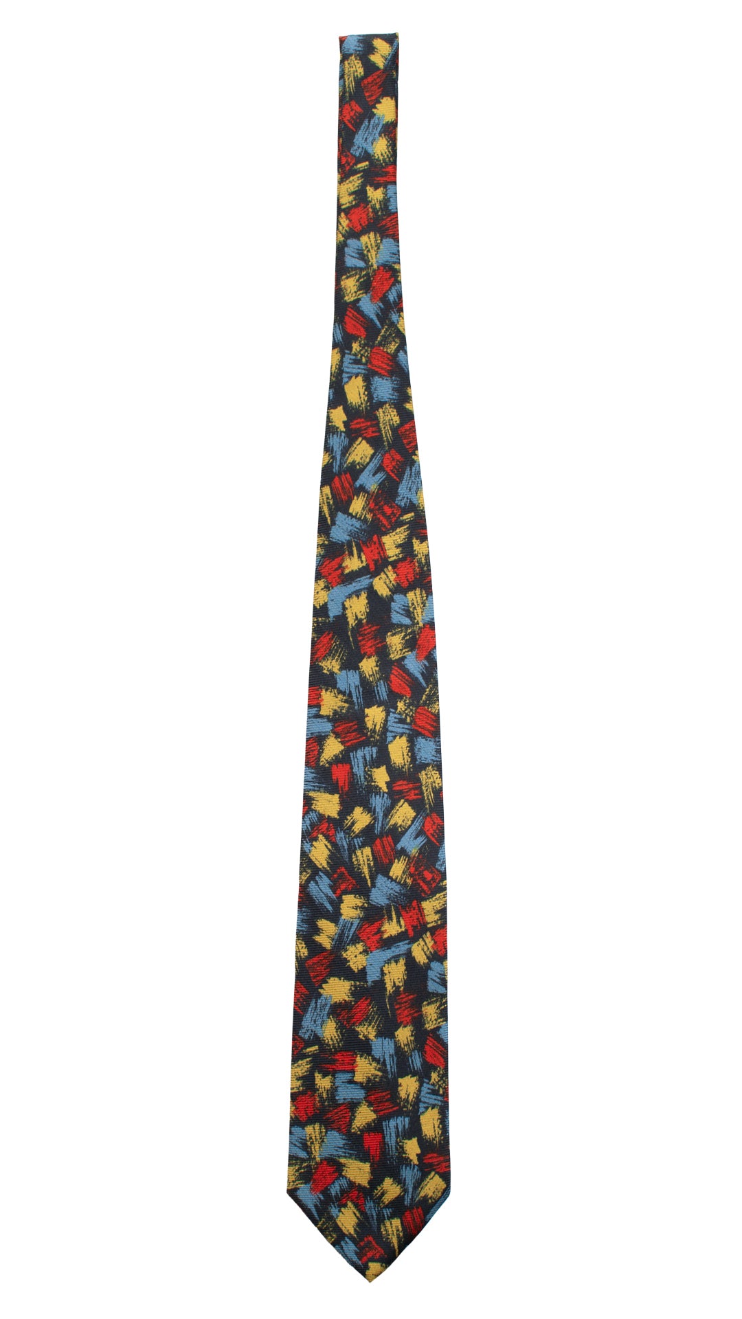 Cravatta Vintage in Saia di Seta Blu Fantasia Verde Oliva Rosso Fucsia CV802 Intera