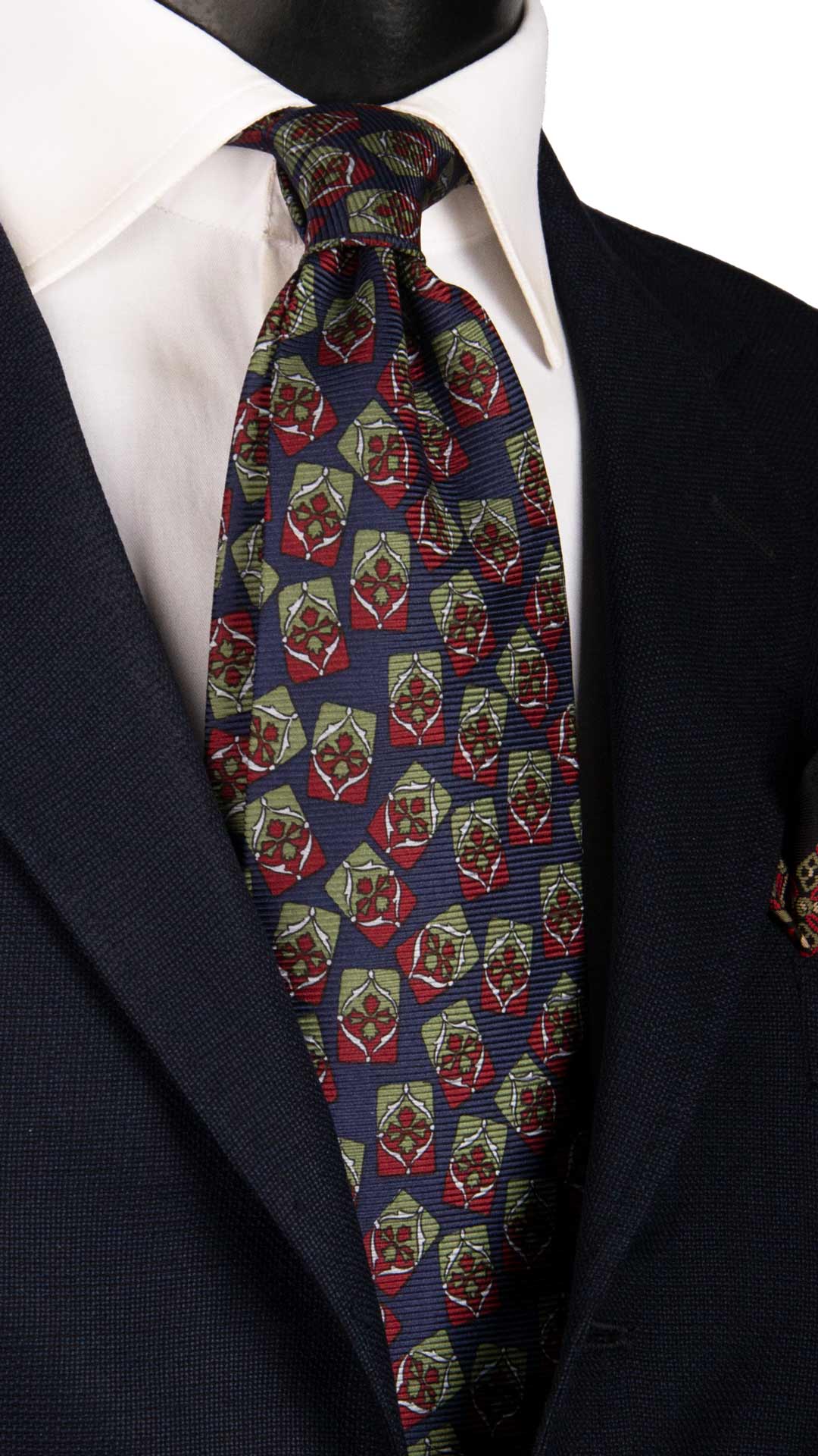 Cravatta Vintage in Saia di Seta Blu Fantasia Verde Rosso CV953 Made in Italy Graffeo Cravatte