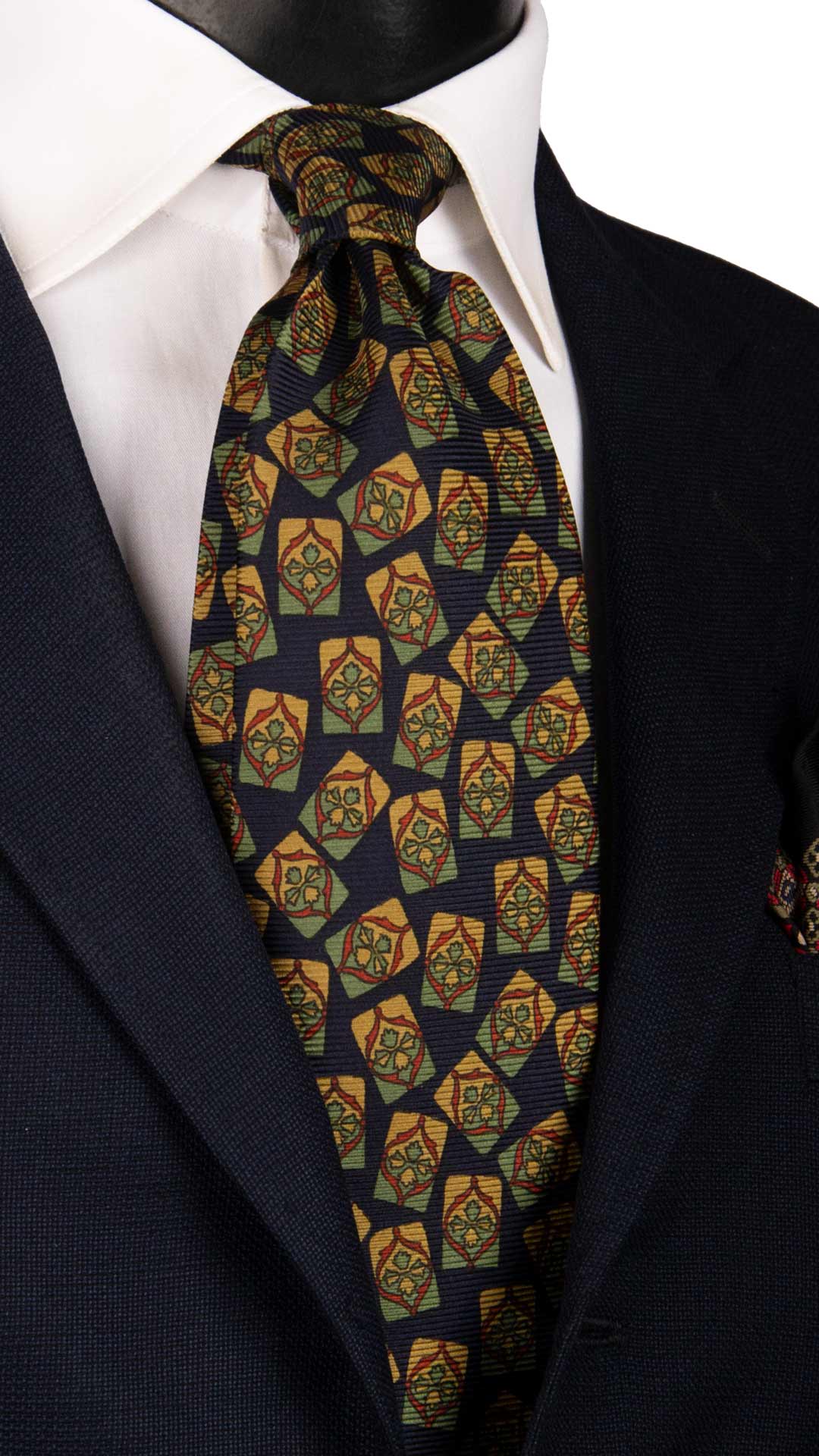 Cravatta Vintage in Saia di Seta Blu Fantasia Verde Salvia Beige CV954 Made in Italy Graffeo Cravatte