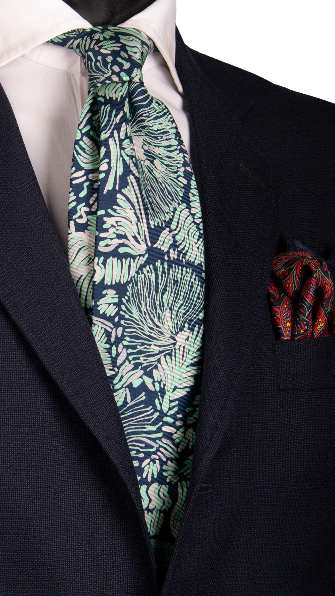 Cravatta Vintage in Saia di Seta Blu Fantasia Verde Tiffany Grigio Argento Made in Italy Graffeo Cravatte