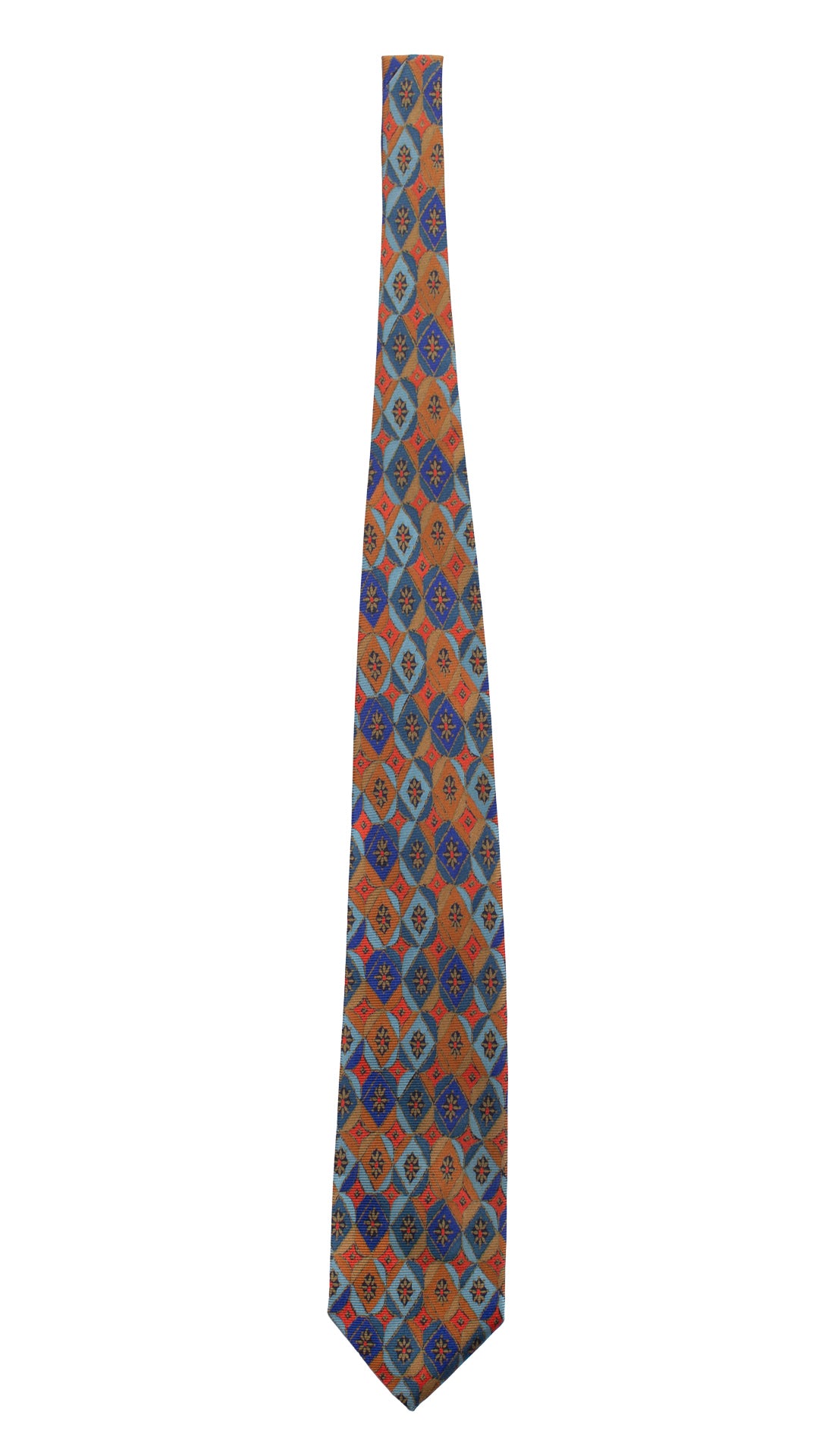 Cravatta Vintage in Saia di Seta Celeste Fantasia Blu Arancione Color Corda CV813 Intera