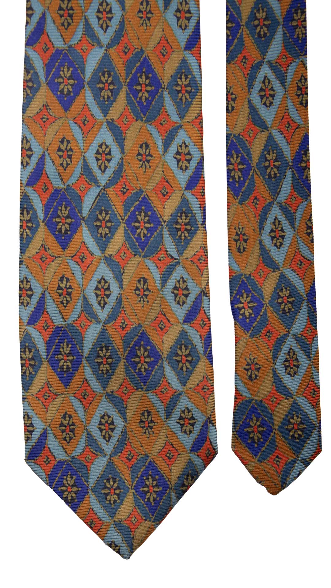 Cravatta Vintage in Saia di Seta Celeste Fantasia Blu Arancione Color Corda CV813 Pala