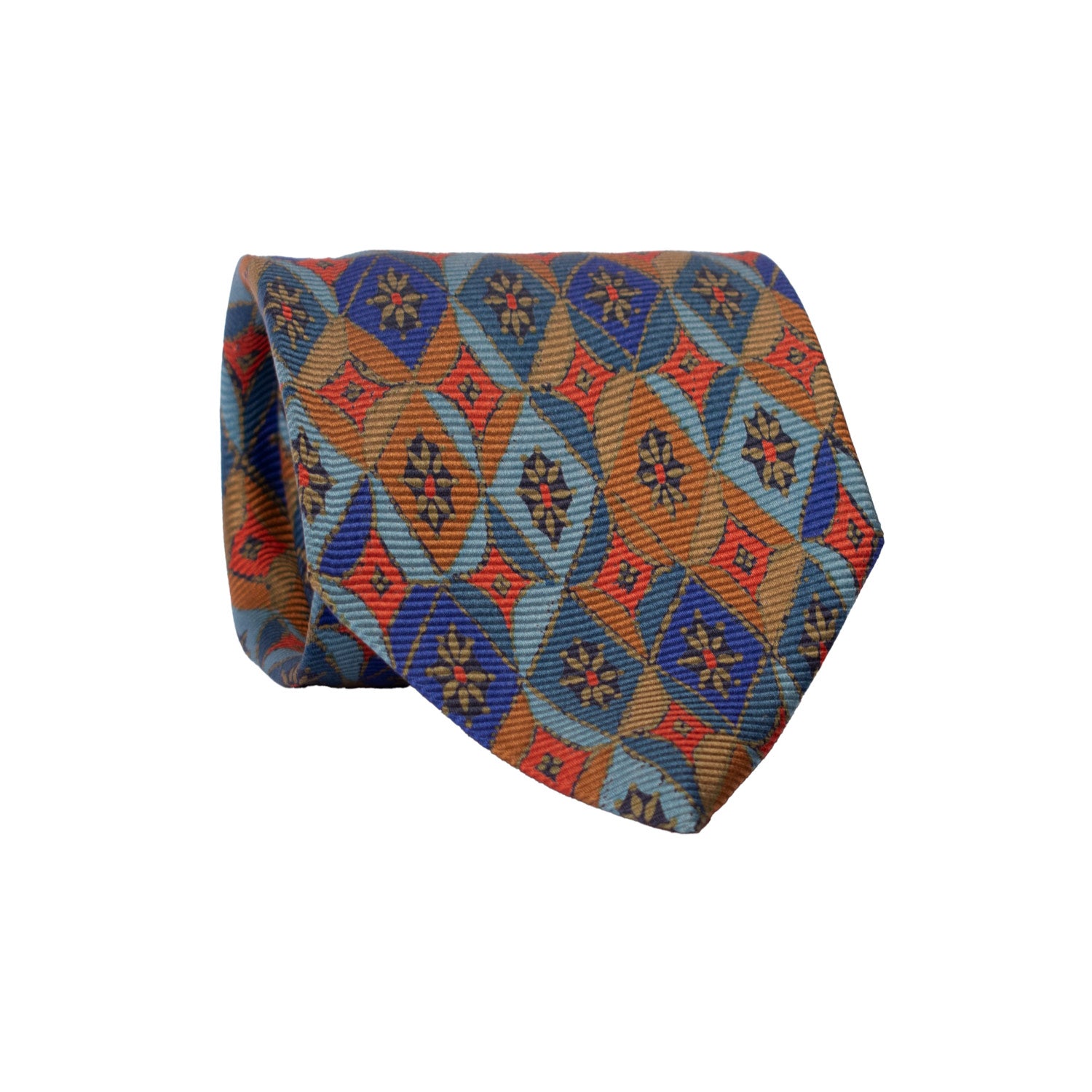 Cravatta Vintage in Saia di Seta Celeste Fantasia Blu Arancione Color Corda CV813 Rotolo