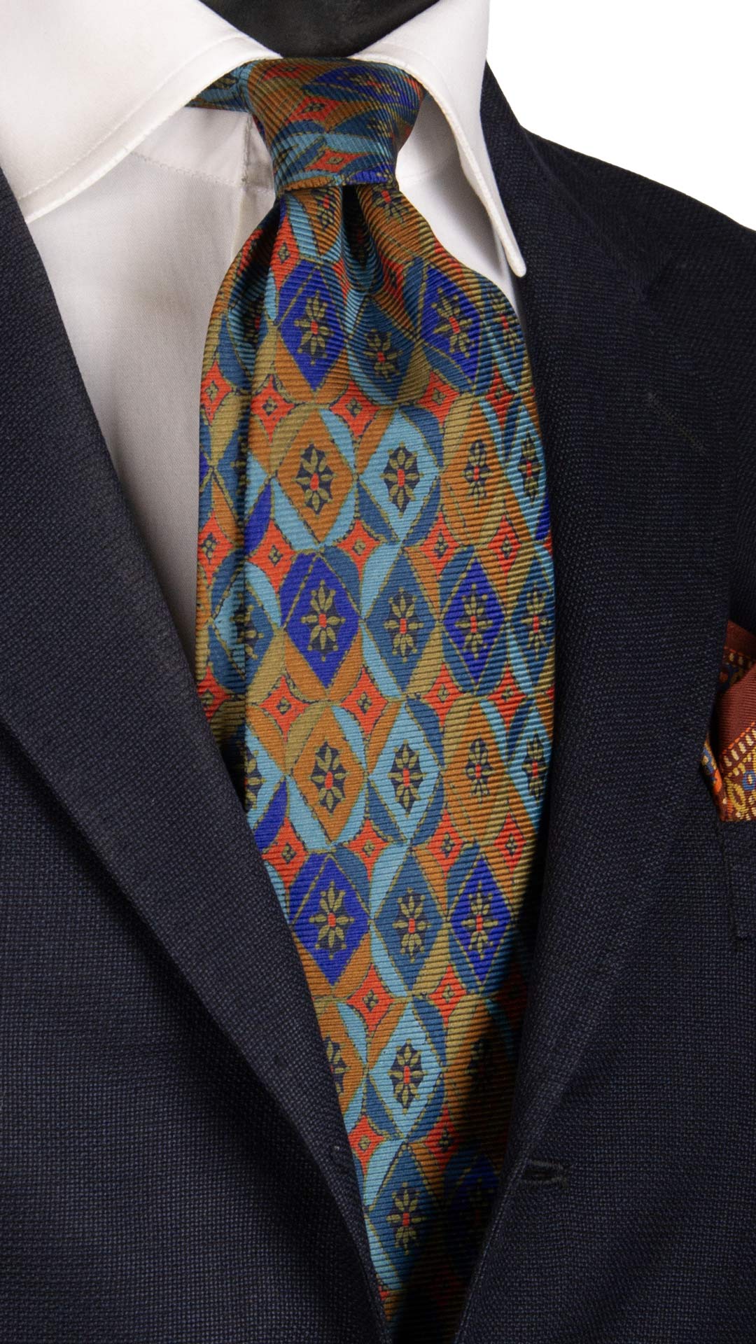 Cravatta Vintage in Saia di Seta Celeste Fantasia Blu Arancione Color Corda CV813 Made in Italy Graffeo cravatte