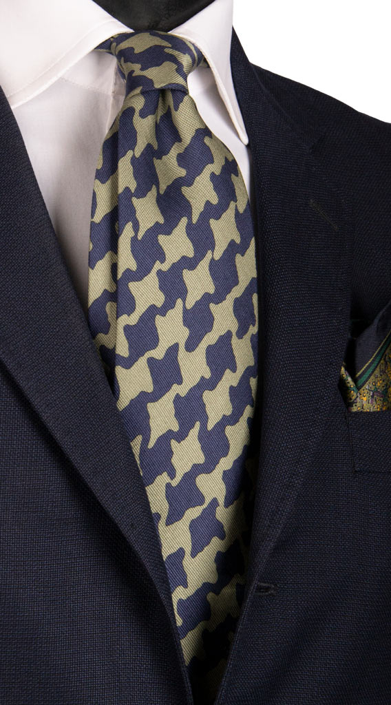 Cravatta Vintage in Saia di Seta Fantasia Verde Sabbia Blu Made in Italy Graffeo Cravatte