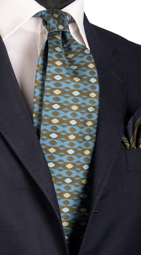 Cravatta Vintage in Saia di Seta Marrone Azzurro Fantasia Beige Celeste Made in Italy Graffeo Cravatte