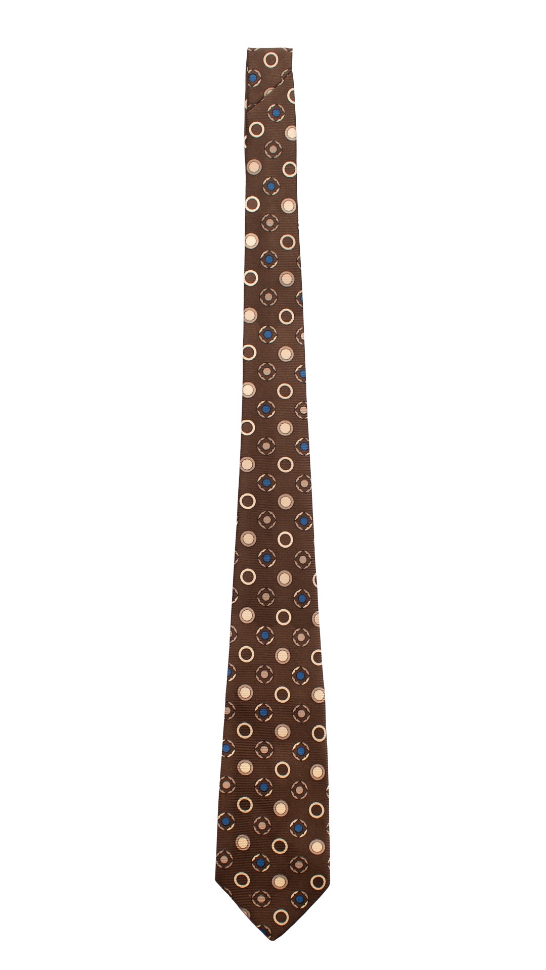Cravatta Vintage in Saia di Seta Marrone Fantasia Blu Avorio Color Corda CV815 Intera