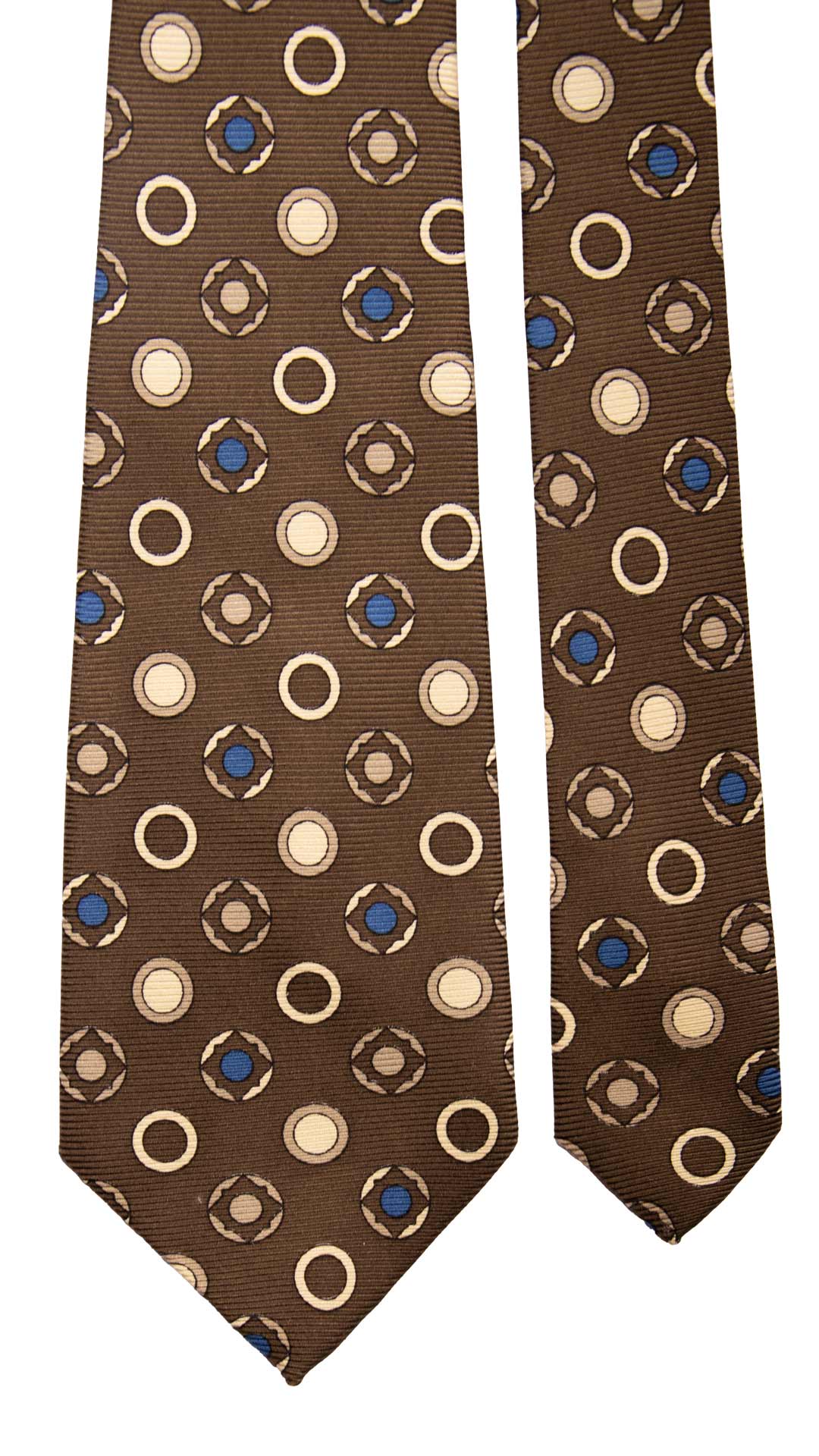 Cravatta Vintage in Saia di Seta Marrone Fantasia Blu Avorio Color Corda CV815 Pala