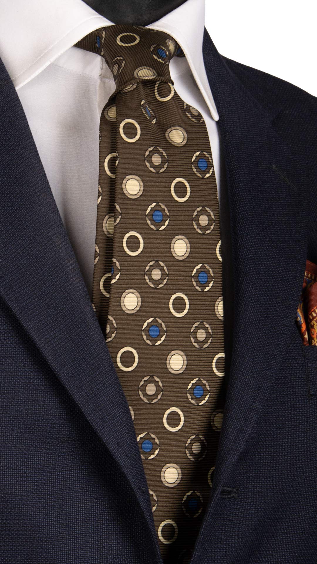 Cravatta Vintage in Saia di Seta Marrone Fantasia Blu Avorio Color Corda CV815 Made in Italy Graffeo Cravatte