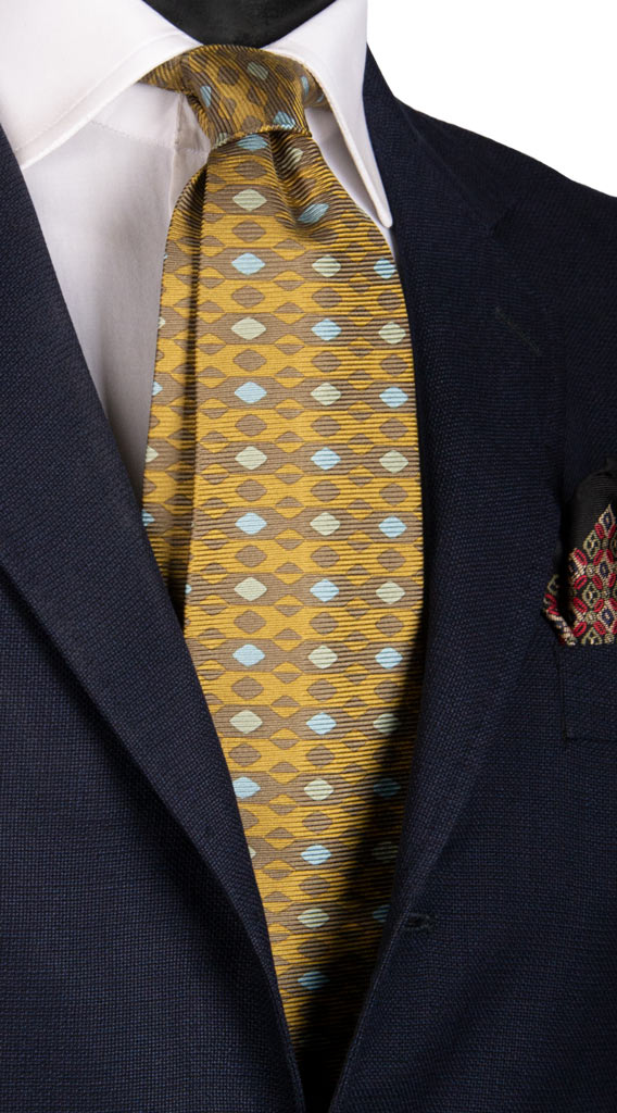 Cravatta Vintage in Saia di Seta Marrone Giallo Sabbia Fantasia Celeste Made in Italy Graffeo Cravatte