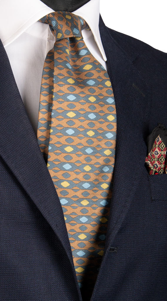 Cravatta Vintage in Saia di Seta Marrone Miele Blu Navy Fantasia Beige Celeste Made in Italy Graffeo Cravatte