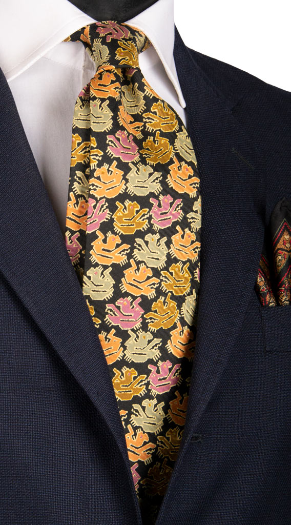 Cravatta Vintage in Saia di Seta Nera Fantasia Multicolor Made in Italy Graffeo Cravatte
