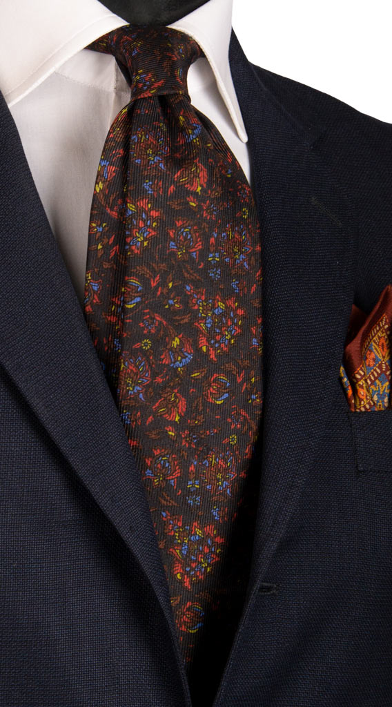 Cravatta Vintage in Saia di Seta Nera a Fiori Multicolor Made in Italy Graffeo Cravatte
