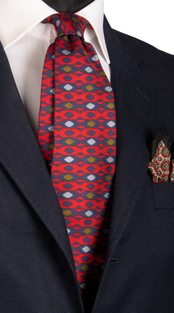 Cravatta Vintage in Saia di Seta Rossa Blu Fantasia Marrone Celeste Made in Italy Graffeo Cravatte