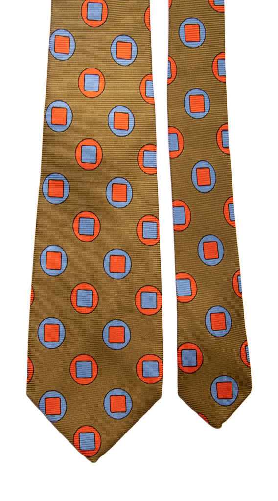 Cravatta Vintage in Saia di Seta Verde Oliva Fantasia Celeste Arancione Made in italy Graffeo Cravatte Pala