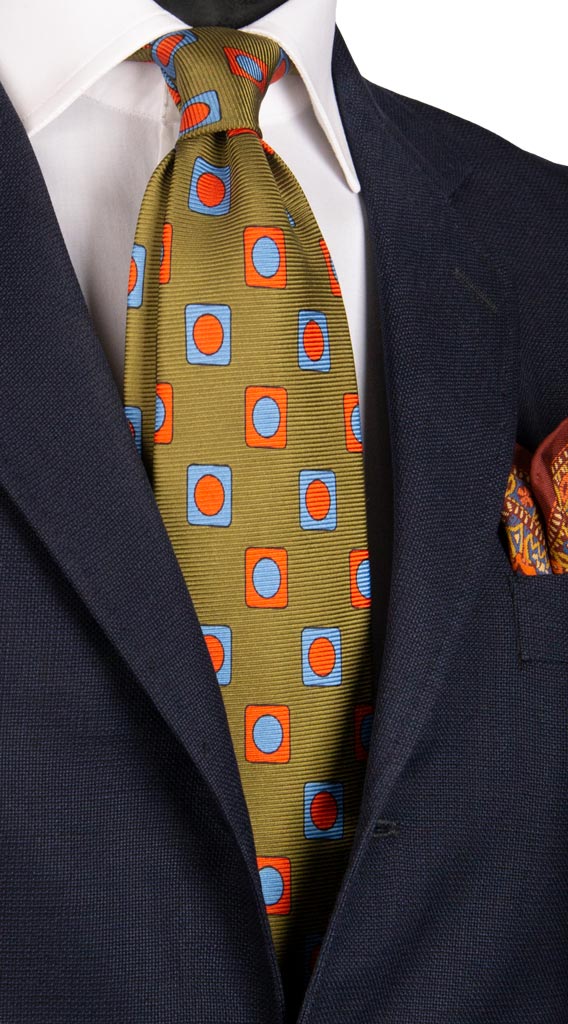 Cravatta Vintage in Saia di Seta Verde Oliva Fantasia Celeste Arancione Made in Italy Graffeo Cravatte