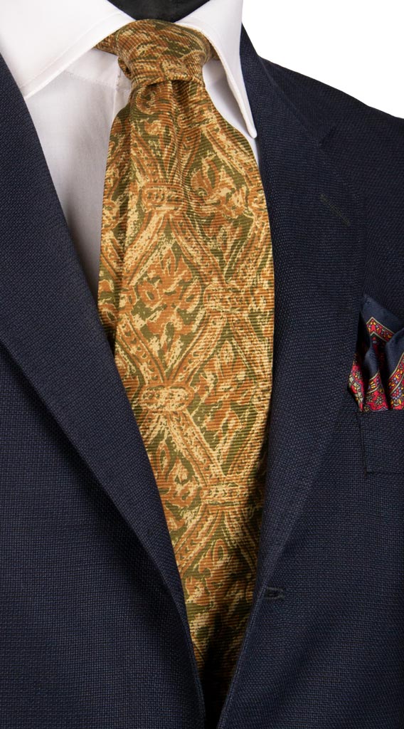 Cravatta Vintage in Saia di Seta Verde Oliva Fantasia Giallo Ocra Made in italy Graffeo Cravatte