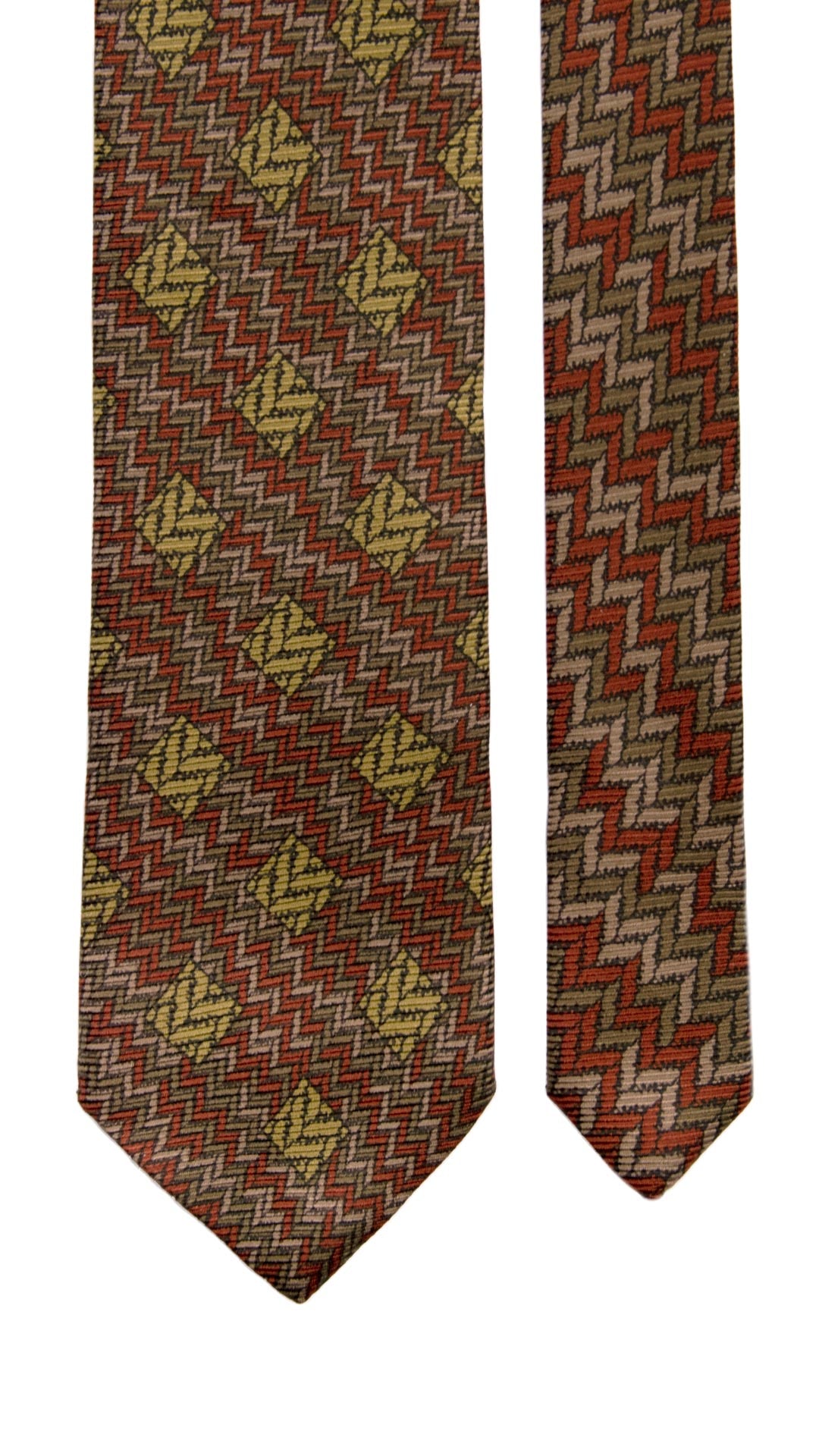 Cravatta Vintage in Saia di Seta Verde Oliva Marrone Fantasia Nodo in Contrasto Made in Italy Graffeo Cravatte Pala