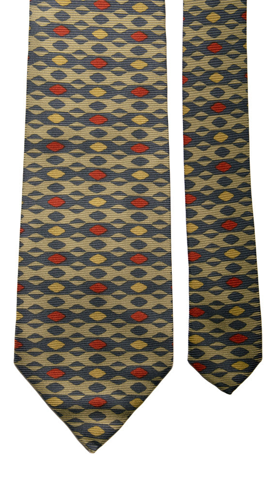 Cravatta Vintage in Saia di Seta Verde Sabbia Fantasia Giallo Rossa Made in Italy Graffeo Cravatte Pala
