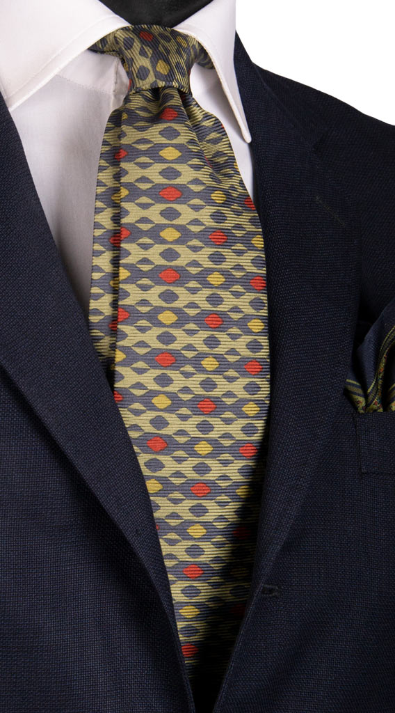 Cravatta Stretta In Seta - Nero Antracite Con Dettagli Giallo Grigio - Lunghezza 150 Cm, Larghezza 6 Cm