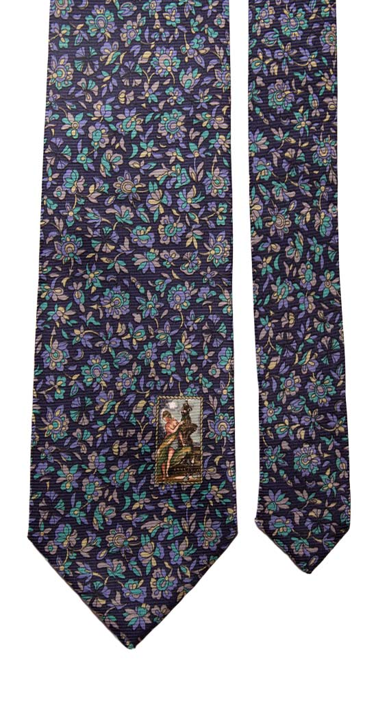 Cravatta Vintage in Saia di seta Blu Fiori Multicolor con Disegno Bucolico Made in Italy Graffeo Cravatte Pala