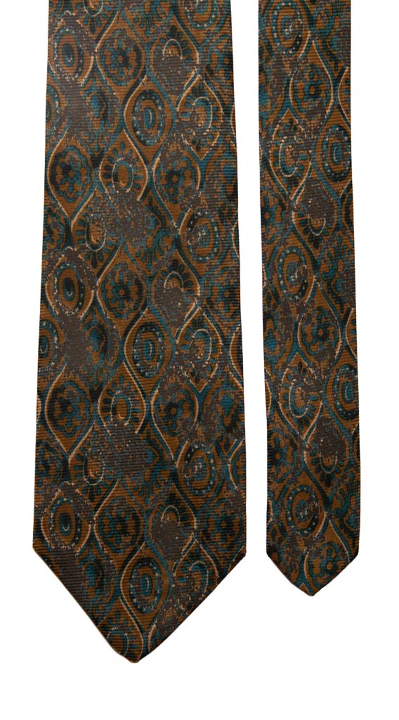 Cravatta Vintage in Saia di Seta Verde Fantasia Marrone Turchese Made in Italy Graffeo Cravatte Pala