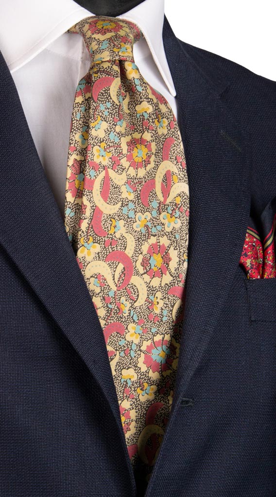 Cravatta Vintage in Twill di Seta Beige Fantasia Rosso Azzurro Made in Italy Graffeo Cravatte