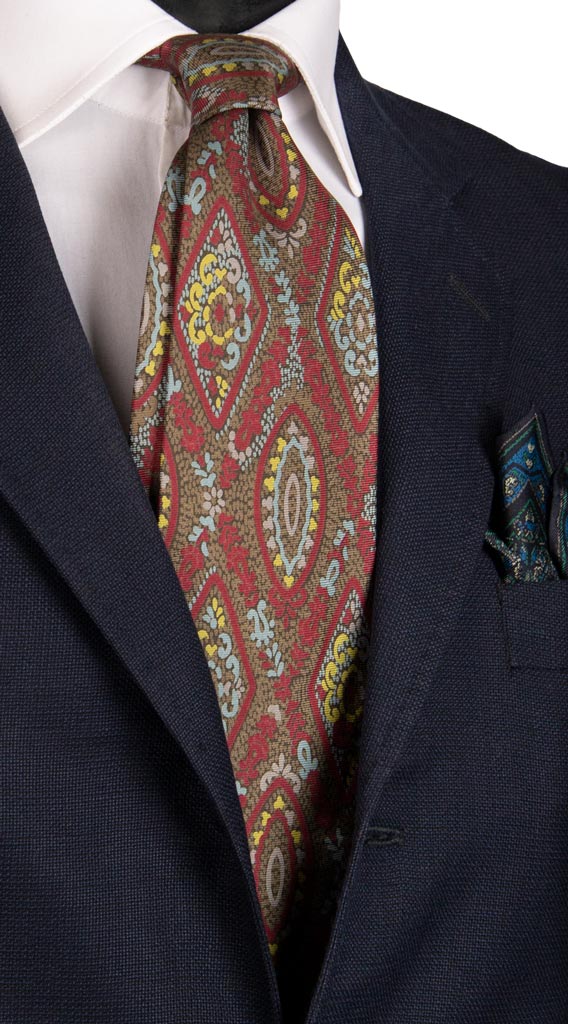 Cravatta Vintage in Twill di Seta Beige Fantasia Rosso Celeste Giallo Made in Italy Graffeo Cravatte