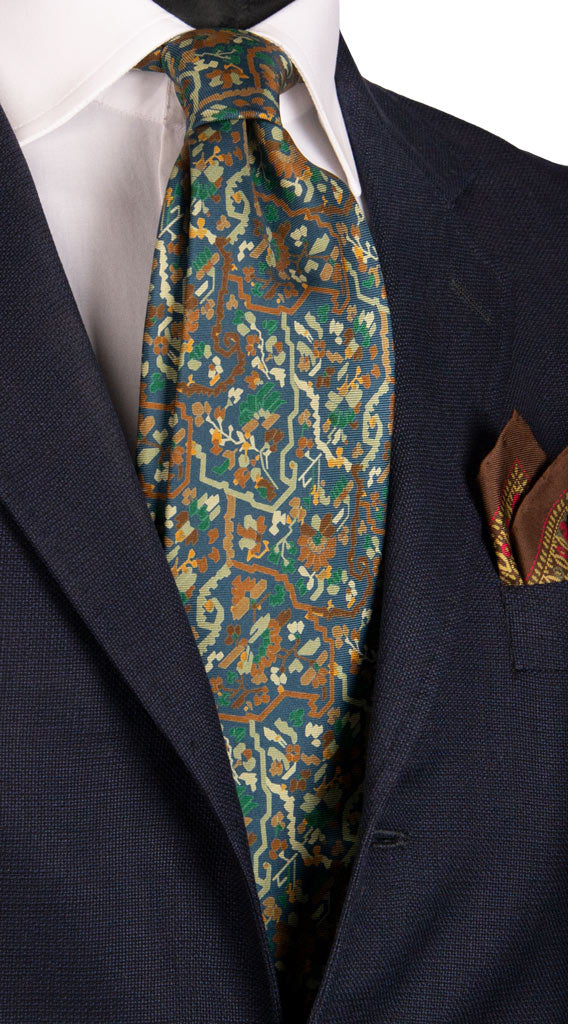 Cravatta Vintage in Twill di Seta Blu Avio Fantasia Multicolor Made in Italy Graffeo Cravatte