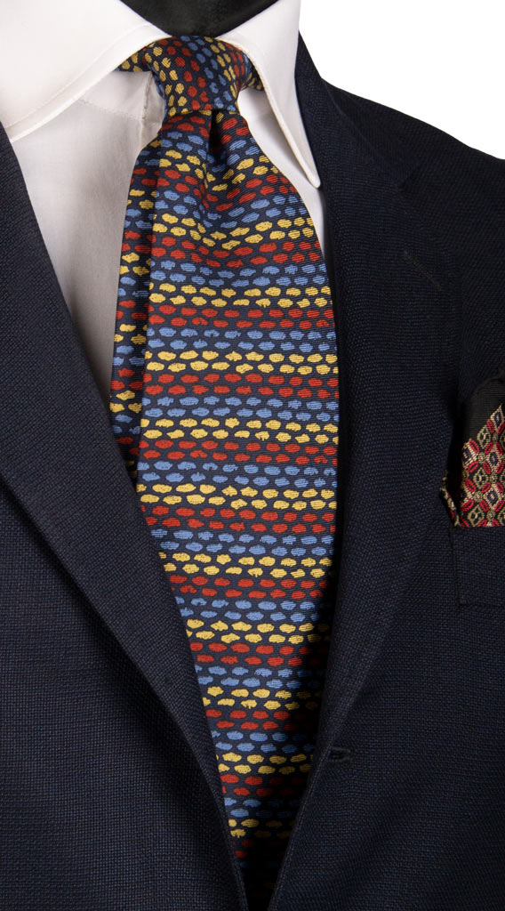 Cravatta Vintage in Twill di Seta Blu Fantasia Celeste Rosso Sabbia Made in Italy Graffeo Cravatte