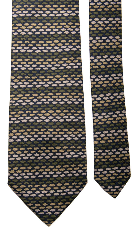 Cravatta Vintage in Twill di Seta Blu Fantasia Grigio Verde Beige Made in Italy Graffeo Cravatte Pala