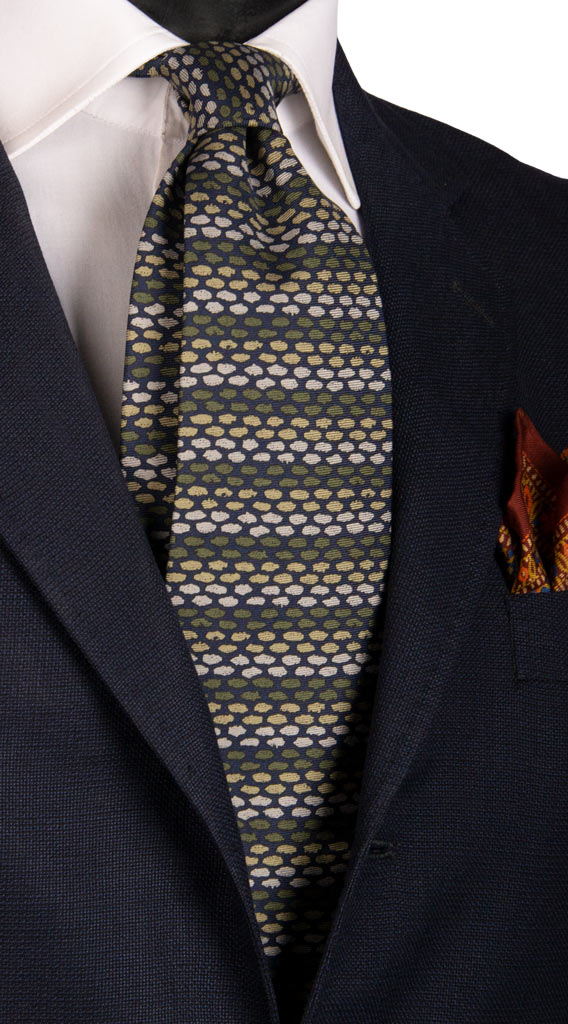 Cravatta Vintage in Twill di Seta Blu Fantasia Grigio Verde Beige Made in Italy Graffeo Cravatte