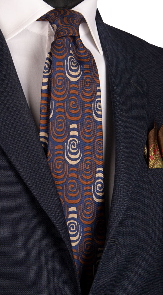 Cravatta Vintage in Twill di Seta Blu Fantasia Marrone Beige Made in Italy Graffeo Cravatte