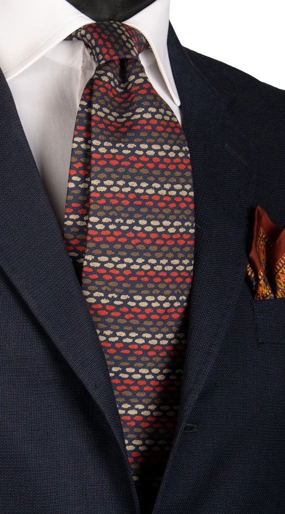 Cravatta Vintage in Twill di Seta Blu Fantasia Marrone Beige Rossa Made in Italy Graffeo Cravatte